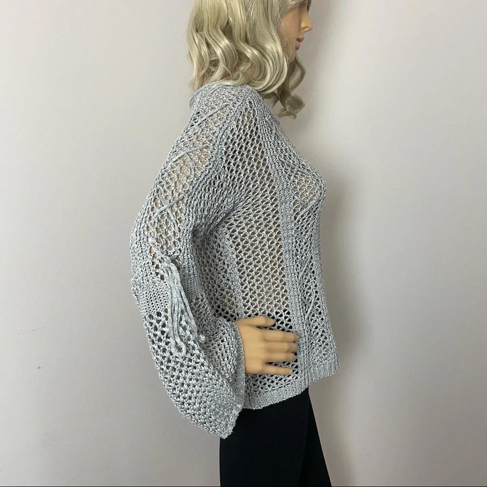 Rebecca Elliot Sweater  Crewneck – Bell Sleeves – Crisscross Lace-Up – Crocheted